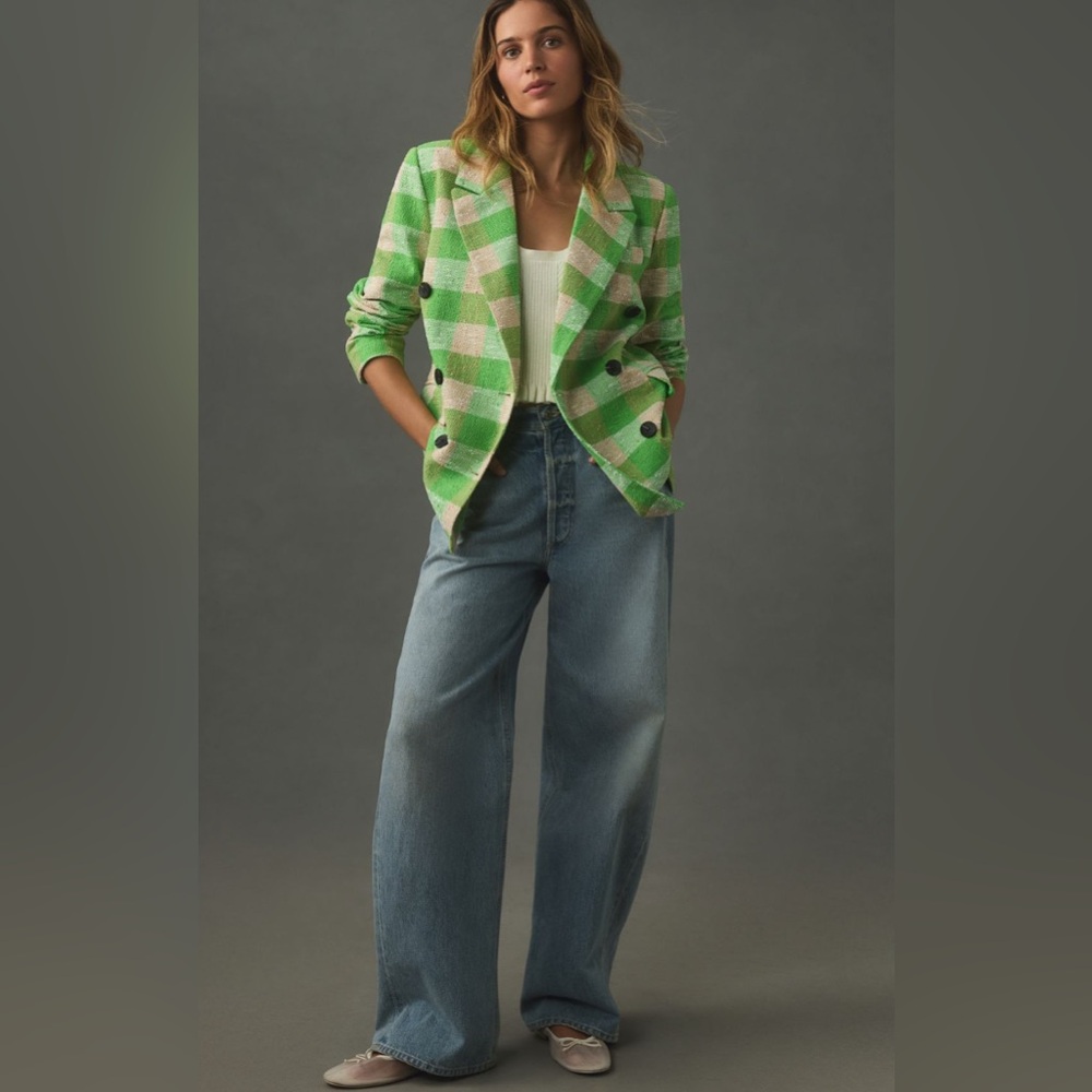 ❤️ Anthropologie Green and Tan Blazer with Tailored Silhouette - Picture 3 of 6